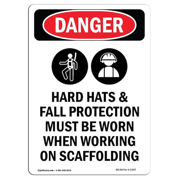 OSHA Sign, Hard Hats And Fall Protection, 5in X 3.5in Decal, 10PK, 3.5" W, 5" H, Portrait, PK10